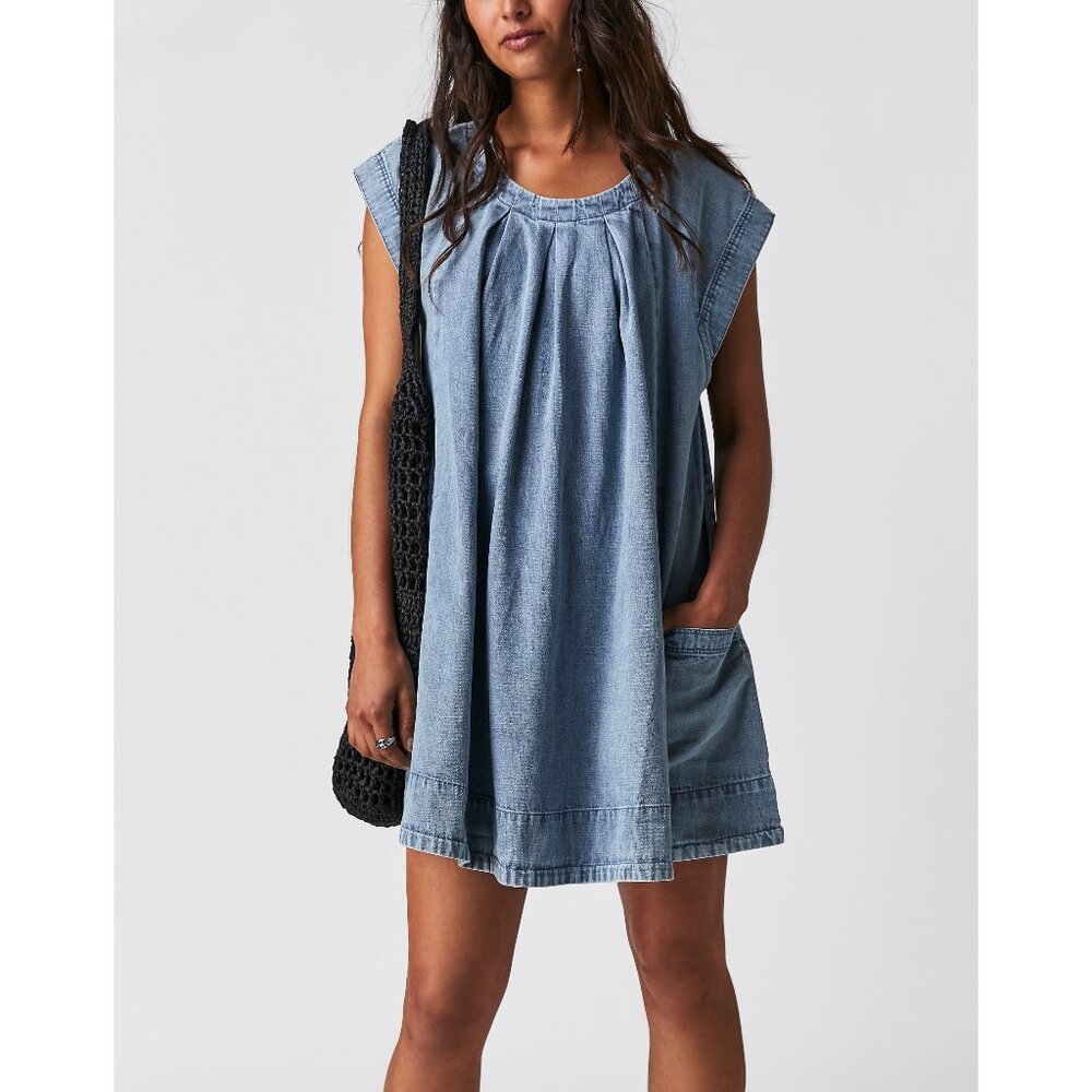 Free People Blue Mini Dress with Bohemian Flair